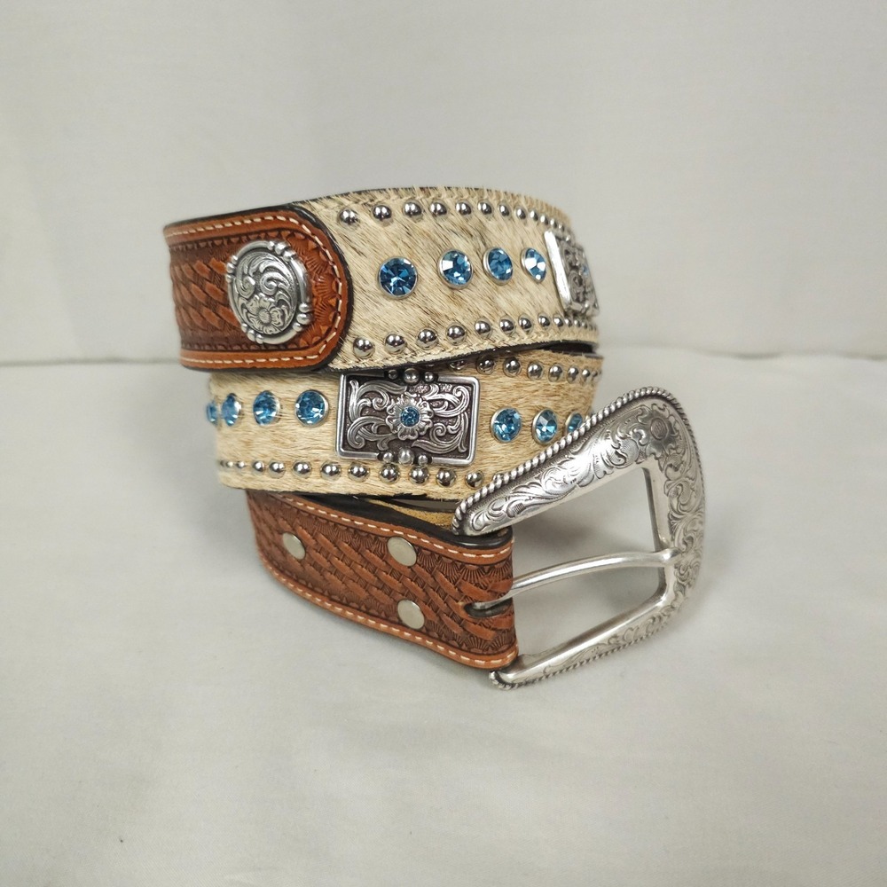 Nocona Western Belt Men 34 Leather Hair On Hide Studded Blue Crystal Concho